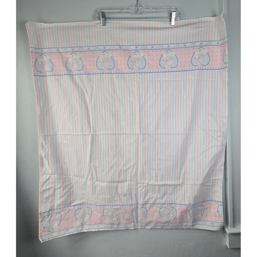 Vintage 1989 Genesis Inc Baby Blanket Pink Blue Stripe Bunny Heart Flannel 34x38
